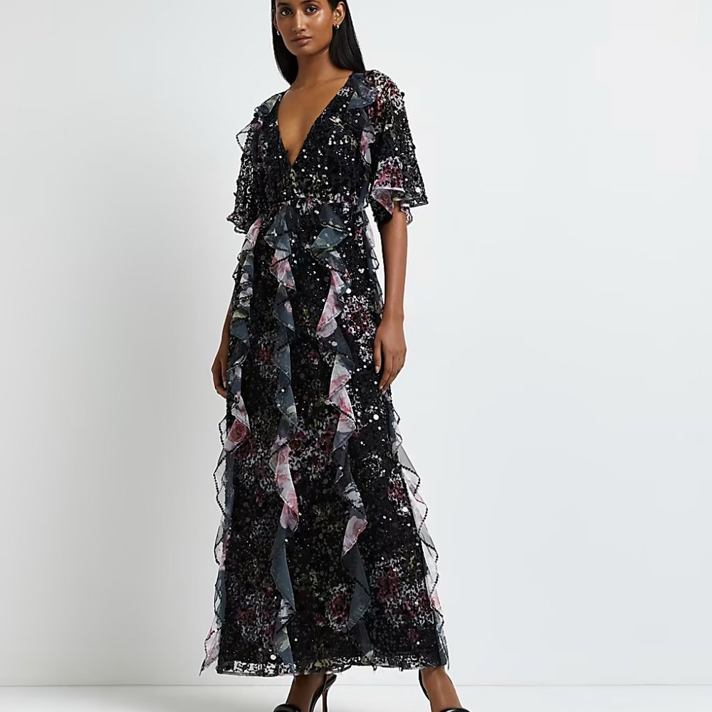 River Island - Black Sequin Frill Wrap Maxi Dress - US10/Uk14